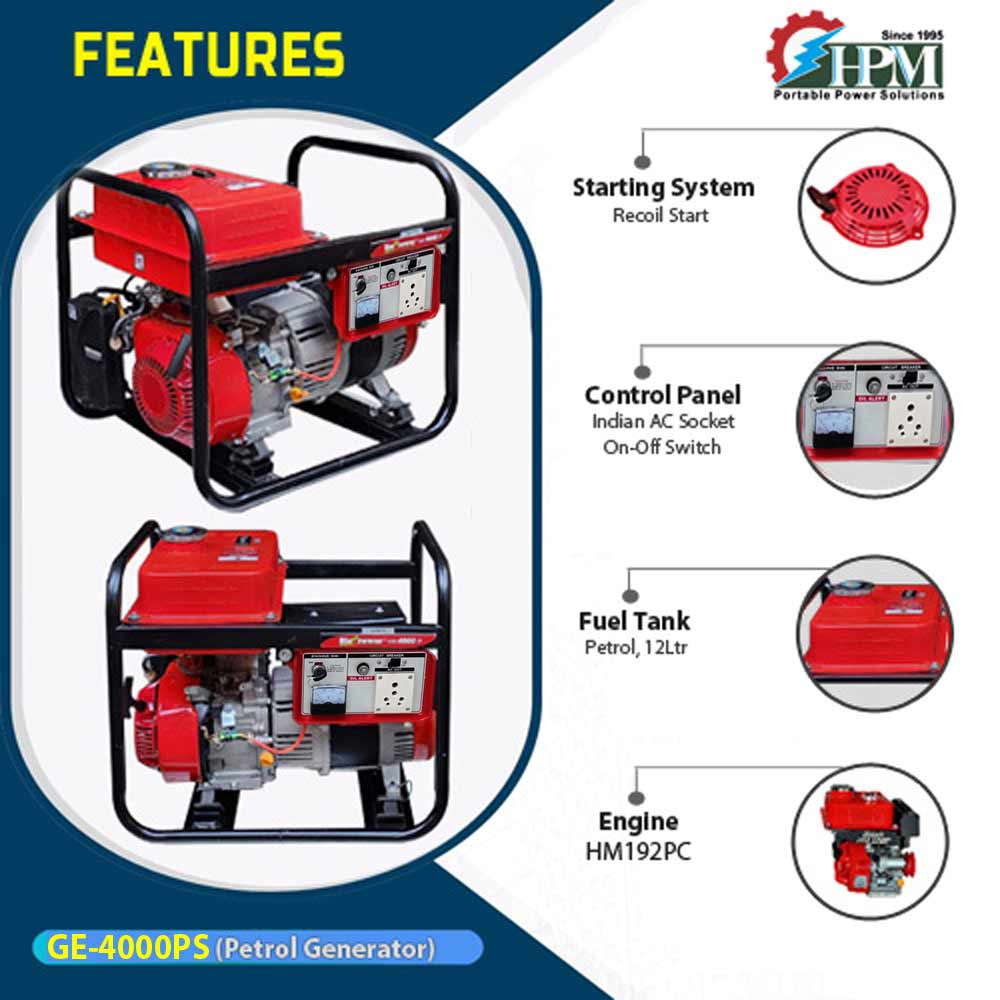 4 KVA smart  Portable ultra Light Weight & Powerful Petrol Generator, Recoil Start .Model GE-4000P
